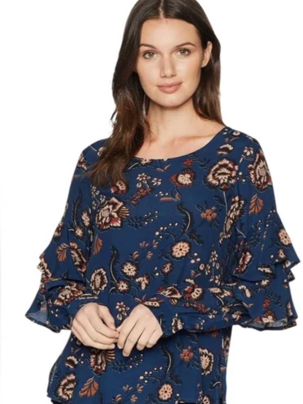 Sanctuary Blue Floral Ruffle-Sleeve Blouse